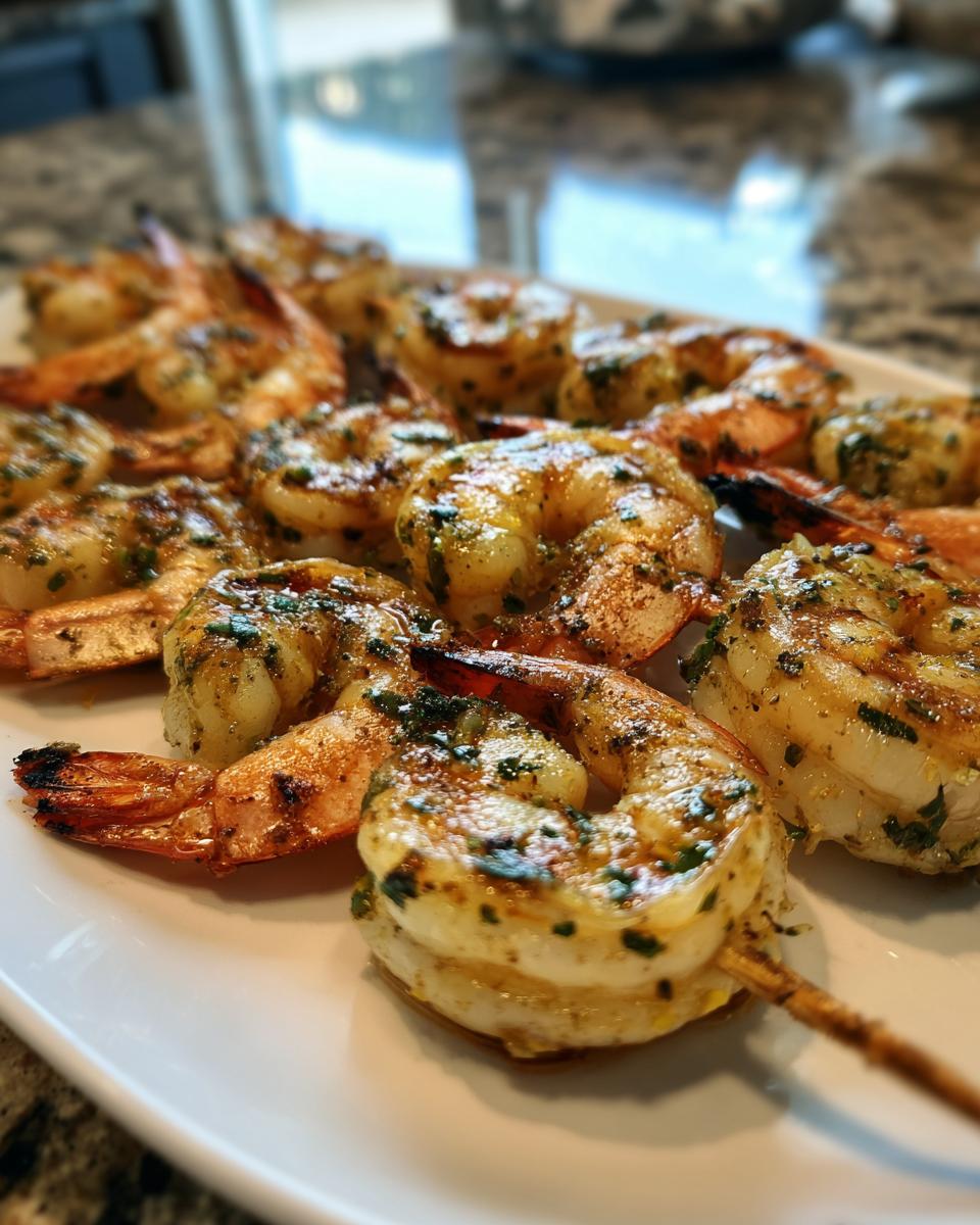 Close-up of perfectly grilled shrimp skewers seasoned with herbs and spices, ready to serve.