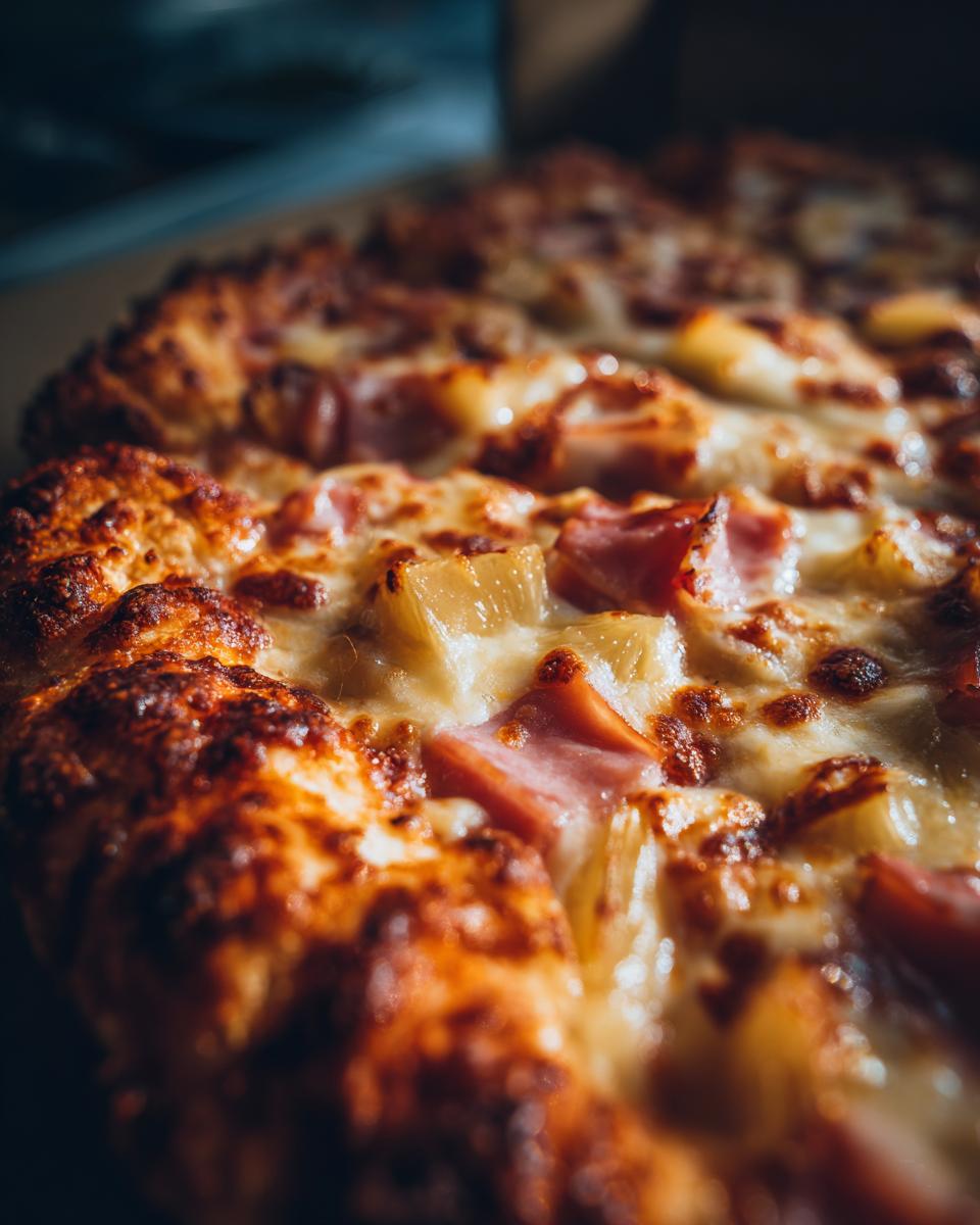 Close-up of a freshly baked Hawaiian pizza with melted cheese, ham, and pineapple chunks.