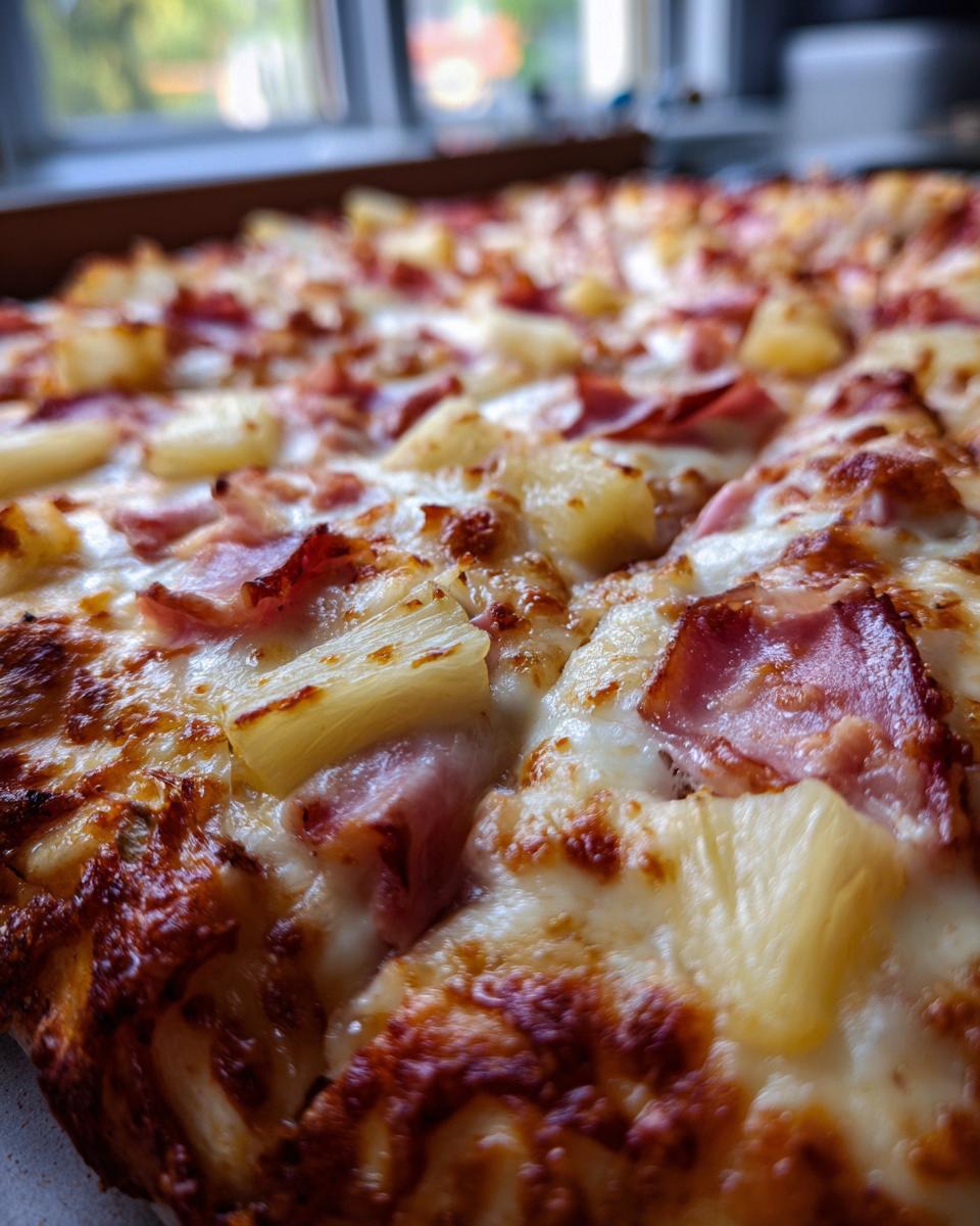 Close-up of a freshly baked Hawaiian pizza with melted cheese, ham, and pineapple chunks.