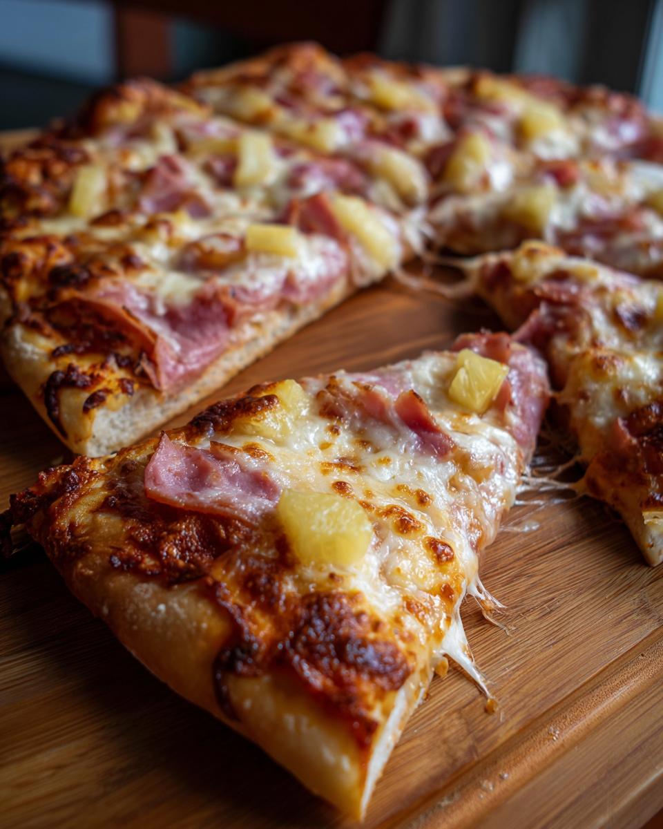 A close-up shot of a slice of Hawaiian pizza, featuring melted cheese, ham, and pineapple chunks on a wooden board.