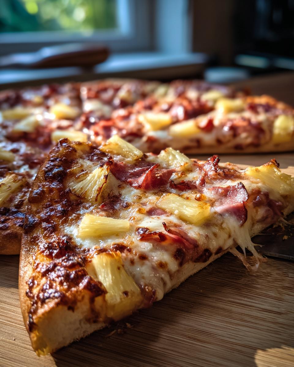 Close-up of a cheesy slice of Hawaiian pizza with chunks of pineapple and ham, ready to be served.