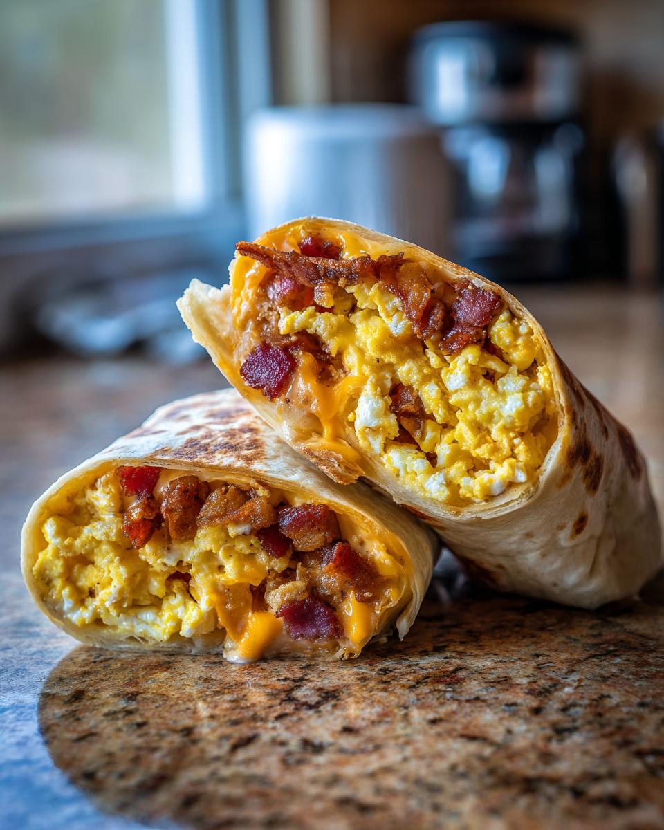 Close-up of a hearty breakfast burrito cut in half, revealing scrambled eggs, crispy bacon, and melted cheese.