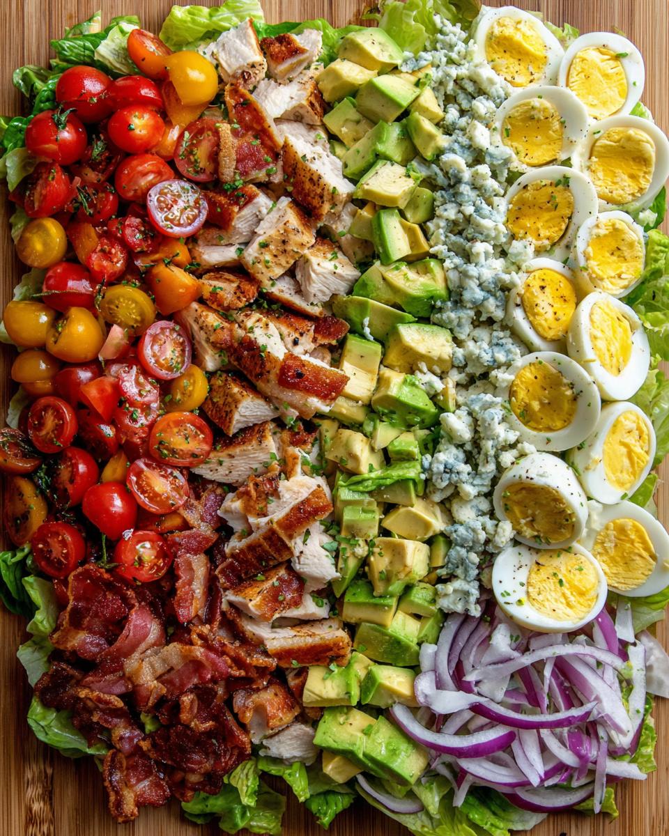 A vibrant and hearty Cobb salad arranged in rows on a wooden board, featuring chicken, bacon, tomatoes, avocado, eggs, blue cheese, and red onion.