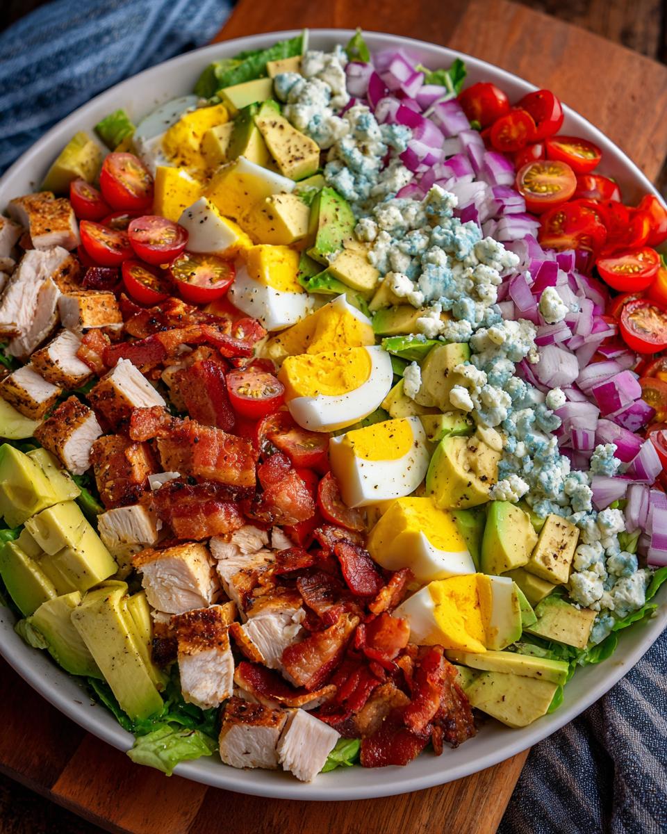 A vibrant and hearty Cobb salad filled with chicken, bacon, eggs, avocado, tomatoes, red onion, and blue cheese.