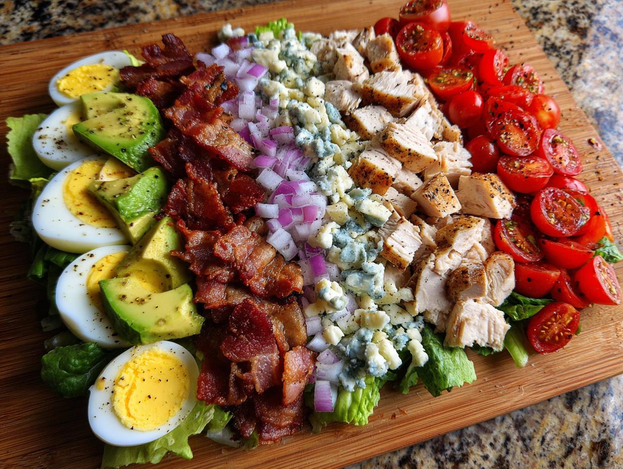 A beautifully arranged Cobb salad on a wooden cutting board, featuring rows of chopped chicken, bacon, blue cheese, red onion, avocado, hard-boiled eggs, and cherry tomatoes.