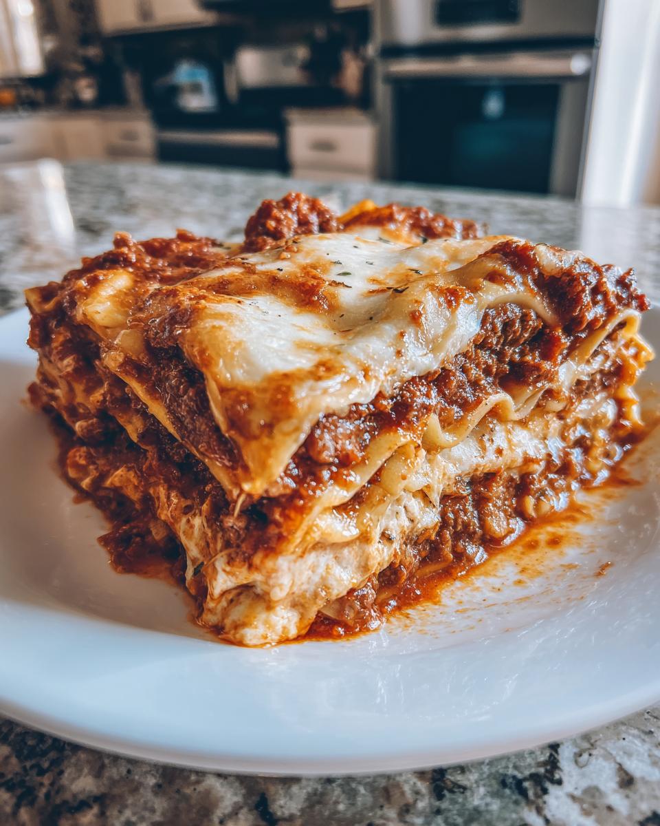 A delicious slice of hearty lasagna with layers of pasta, meat sauce, and melted cheese, served on a white plate.