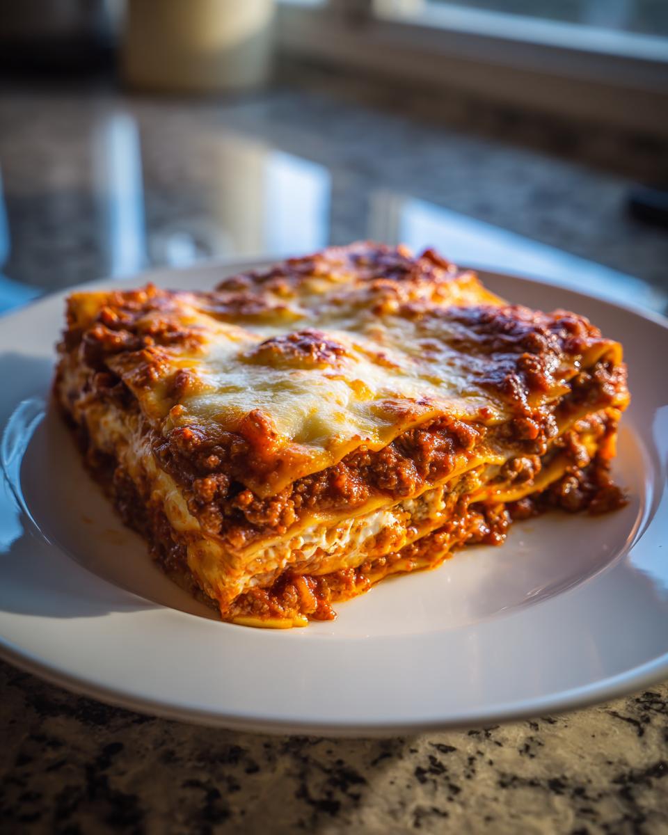 A generous slice of hearty lasagna with layers of pasta, rich meat sauce, and melted cheese, served on a white plate.
