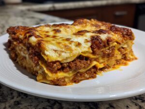 A delicious slice of hearty lasagna with layers of pasta, meat sauce, and cheese, served on a white plate.
