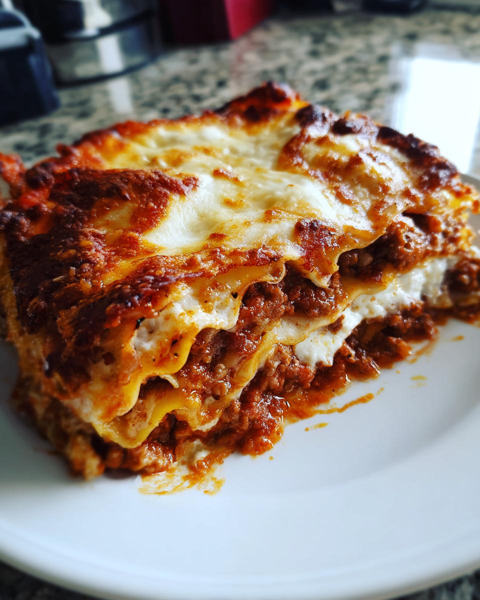 A delicious slice of hearty lasagna, featuring layers of pasta, rich meat sauce, and melted cheese.