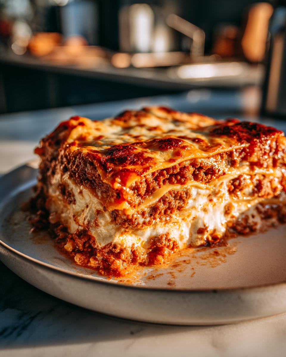A delicious slice of hearty lasagna with layers of pasta, rich meat sauce, and creamy cheese, baked to perfection.