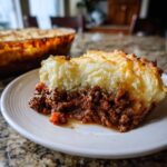 A delicious slice of Shepherd's Pie on a white plate, featuring a rich meat filling topped with fluffy mashed potatoes.