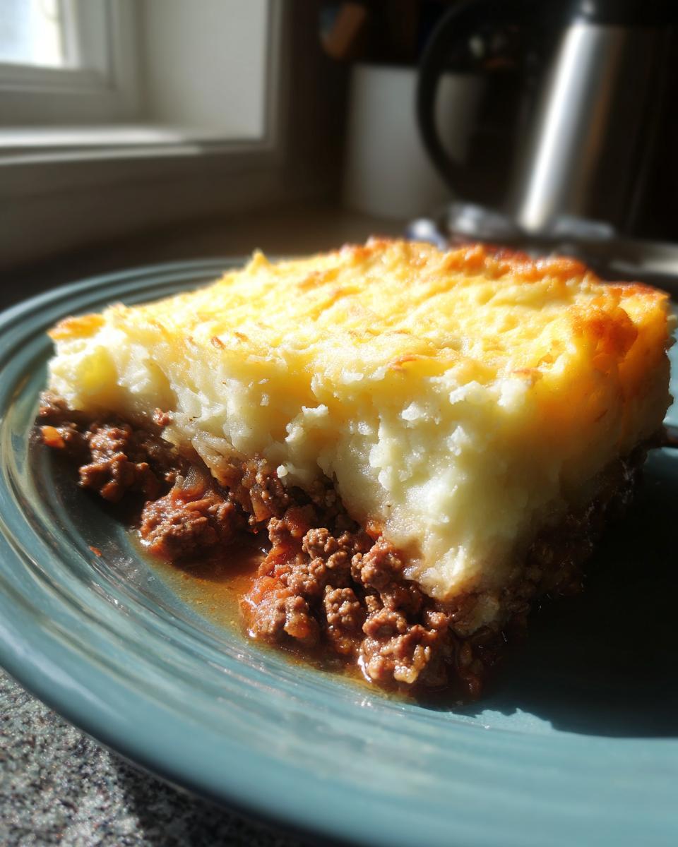 A close-up of a delicious slice of Shepherd's Pie on a teal plate, with a rich meat filling and fluffy mashed potato topping.