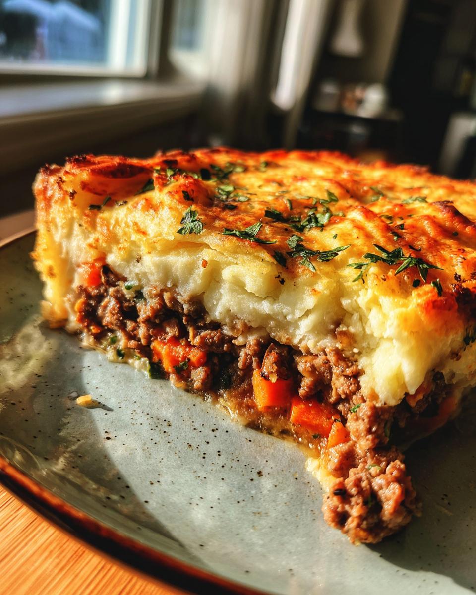 A close-up of a hearty Shepherd's pie slice on a plate, showing layers of seasoned ground meat, carrots, and creamy mashed potato topping.