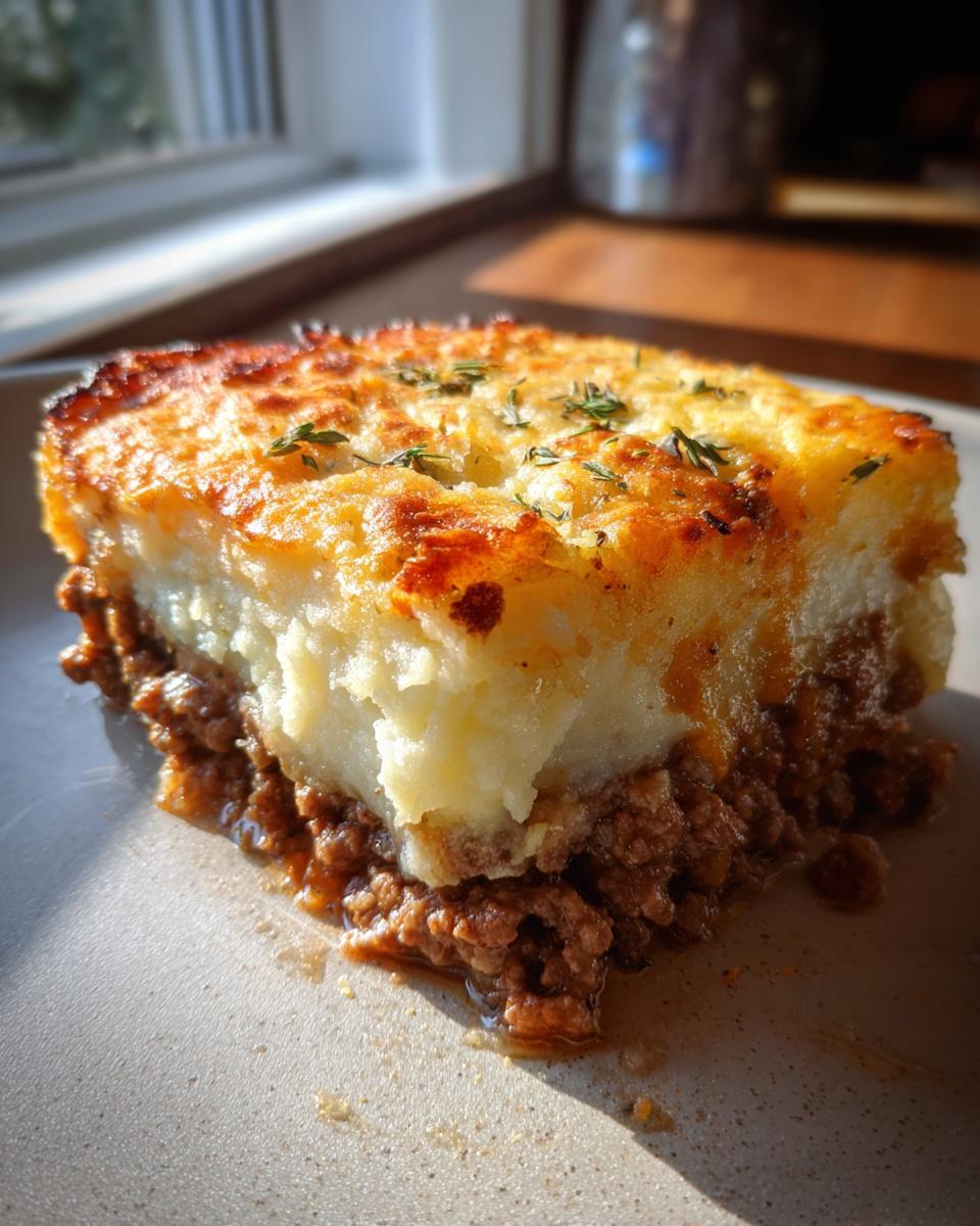 A close-up of a generous slice of Shepherd's Pie, featuring a golden-brown mashed potato topping over savory ground meat.
