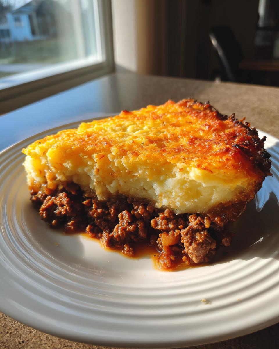 A delicious slice of Shepherd's pie with a golden-brown mashed potato topping and savory ground meat filling, served on a white plate.
