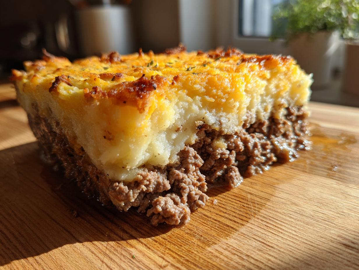 A close-up of a slice of Shepherd's pie, showcasing the layers of seasoned ground meat and fluffy mashed potato topping.