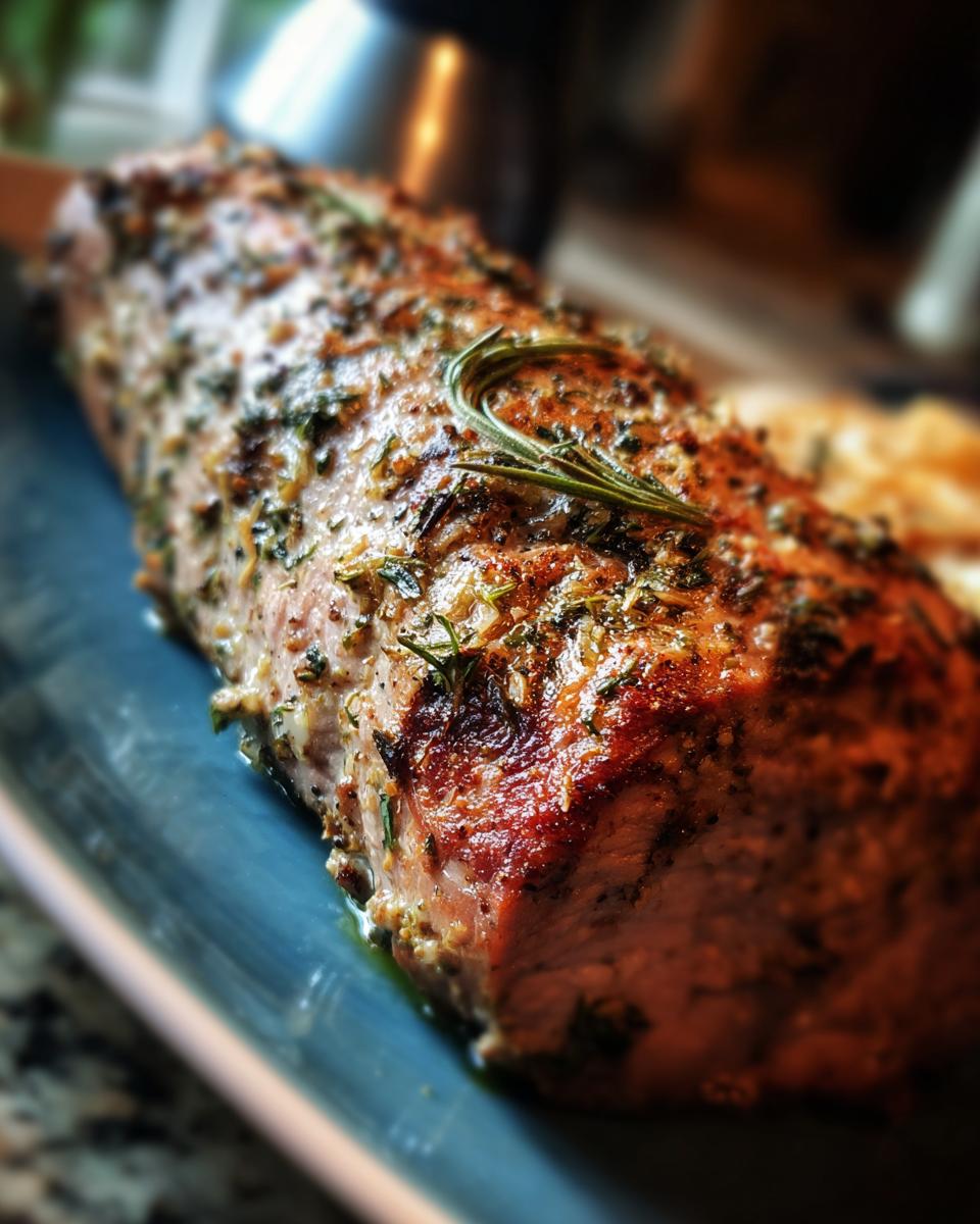 Close-up of a perfectly roasted pork tenderloin with a golden-brown crust, seasoned with herbs and rosemary.