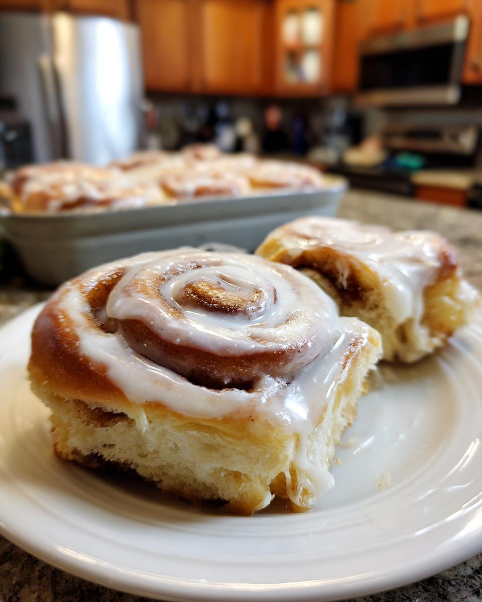 Close-up of two fluffy, iced cinnamon rolls on a white plate, with a baking dish of more cinnamon rolls in the background.