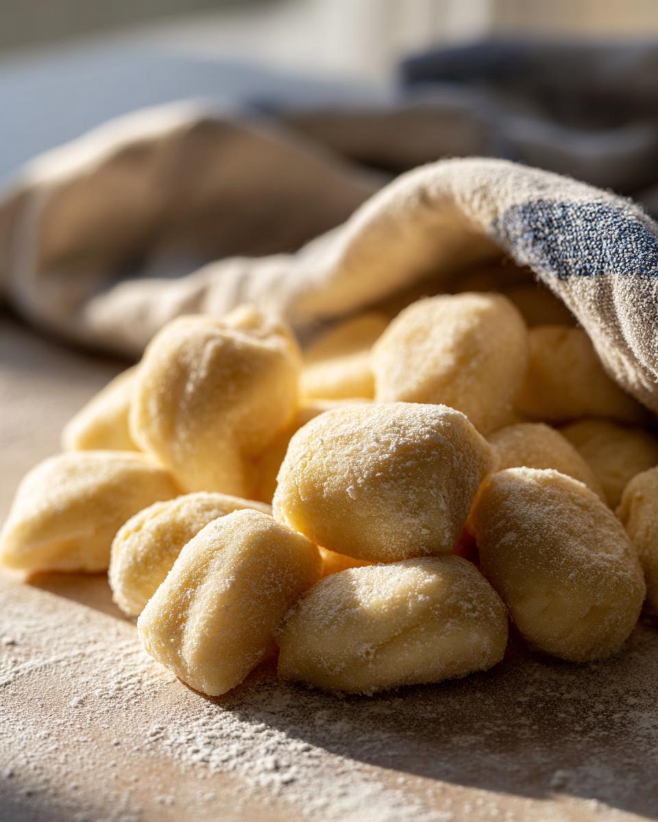 A pile of freshly made potato gnocchi dusted with flour, with a cloth in the background.