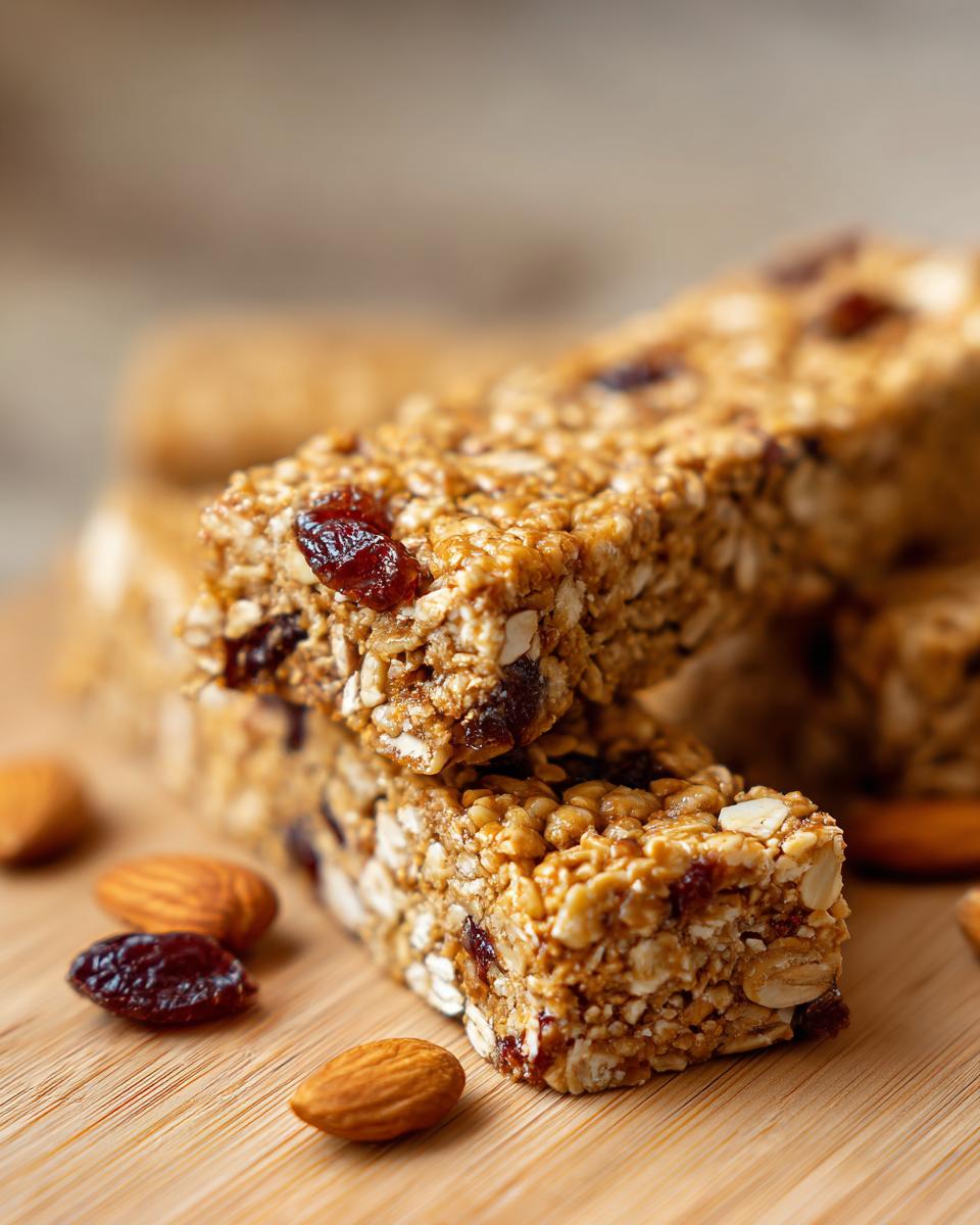Close-up of two delicious homemade granola bars stacked, with almonds and raisins scattered around.