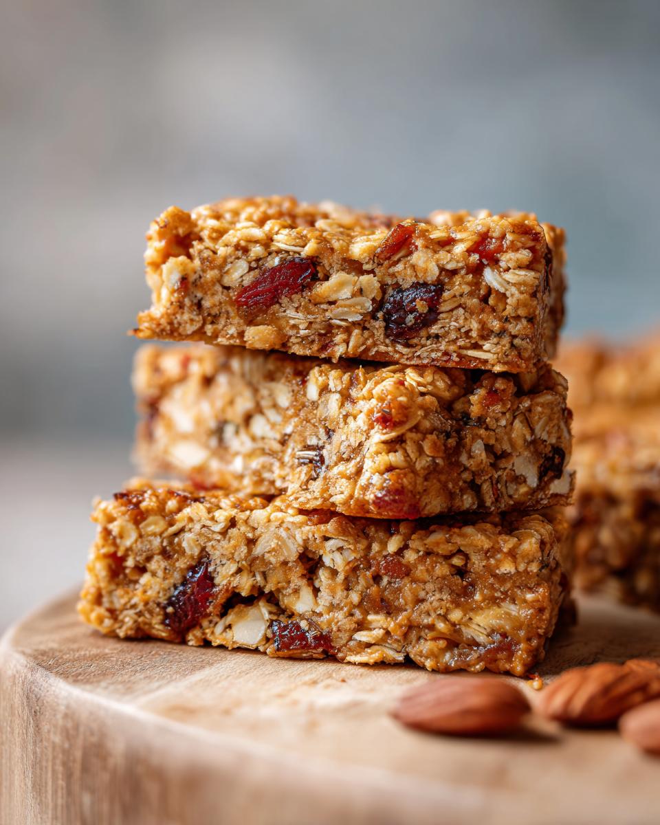 A stack of three delicious homemade granola bars with dried cranberries and almonds, placed on a wooden board.