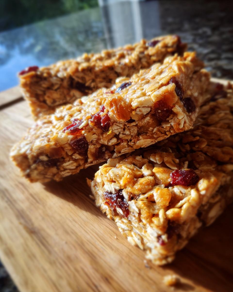 Close-up of delicious homemade granola bars packed with oats, nuts, and dried cranberries on a wooden board.