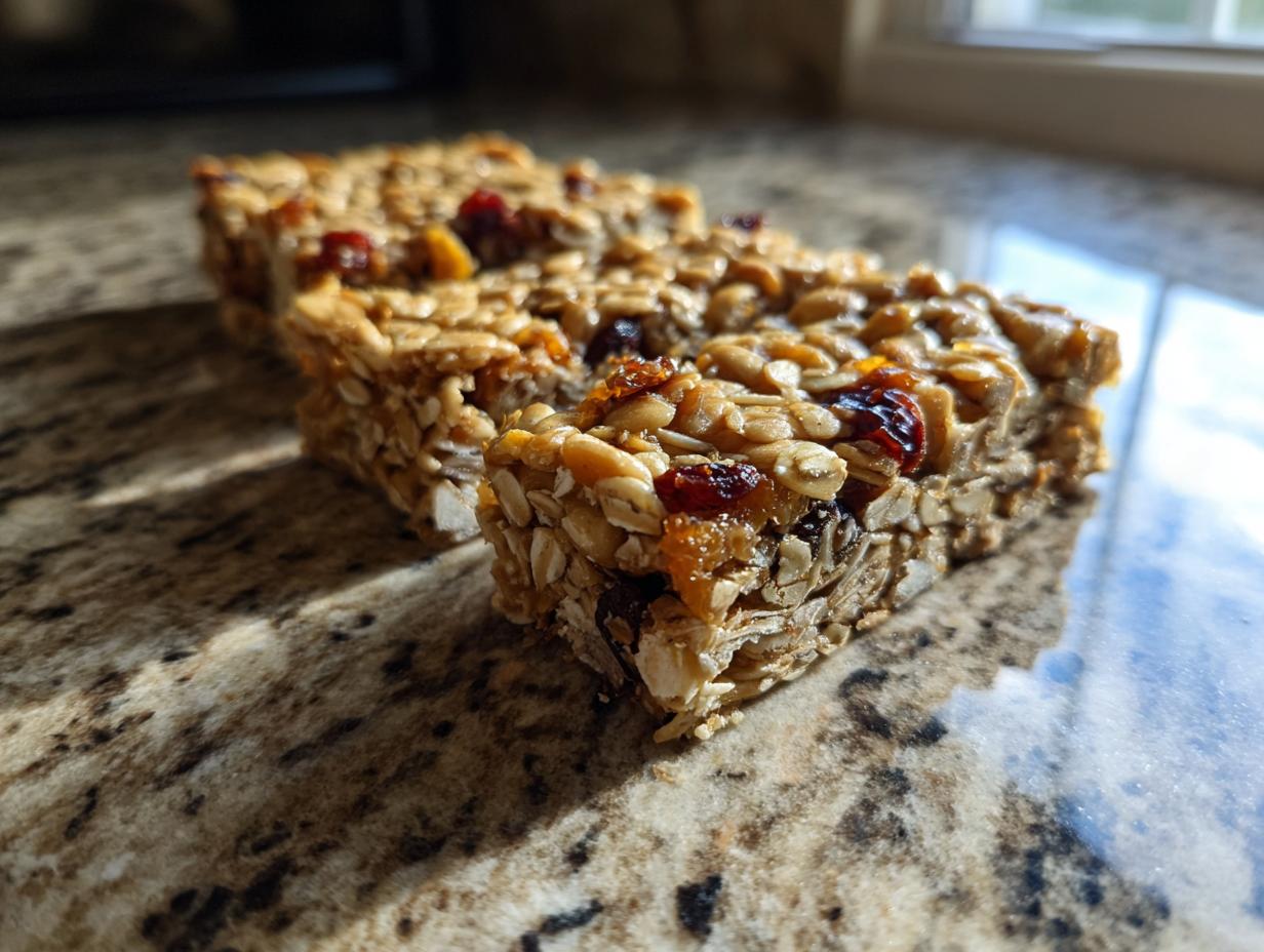 Close-up of delicious homemade granola bars packed with oats, seeds, and dried cranberries.