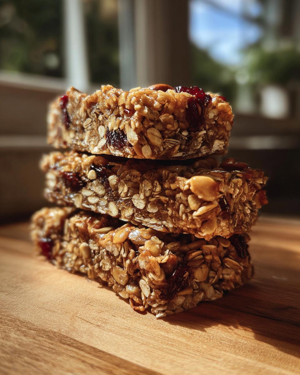 A stack of three homemade granola bars featuring oats, dried cranberries, and nuts, set on a wooden surface.