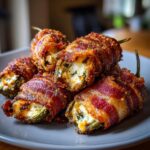 A close-up of several delicious jalapeño poppers wrapped in crispy bacon and stuffed with creamy cheese.