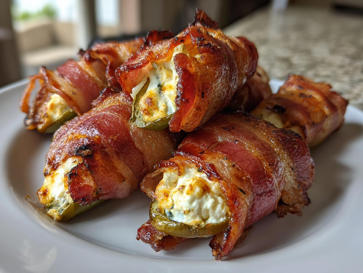 A close-up of several crispy, bacon-wrapped jalapeño poppers filled with creamy cheese.