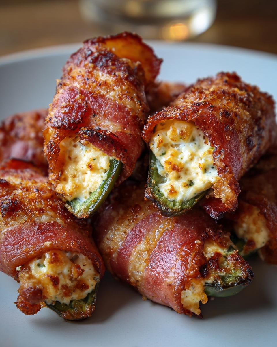 Close-up of several delicious jalapeño poppers wrapped in crispy bacon and stuffed with creamy cheese filling.