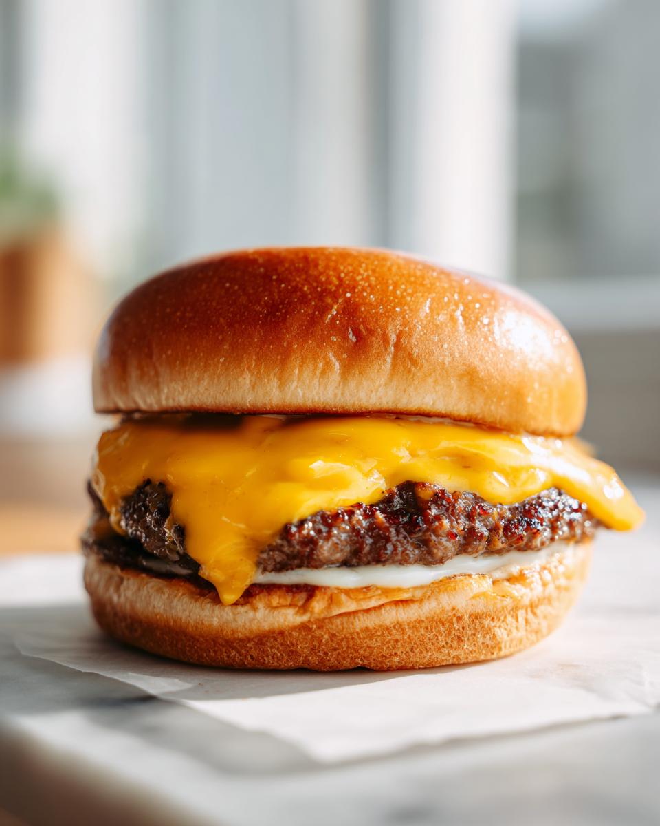 Close-up of a juicy cheeseburger with a perfectly toasted bun and melted cheddar cheese.