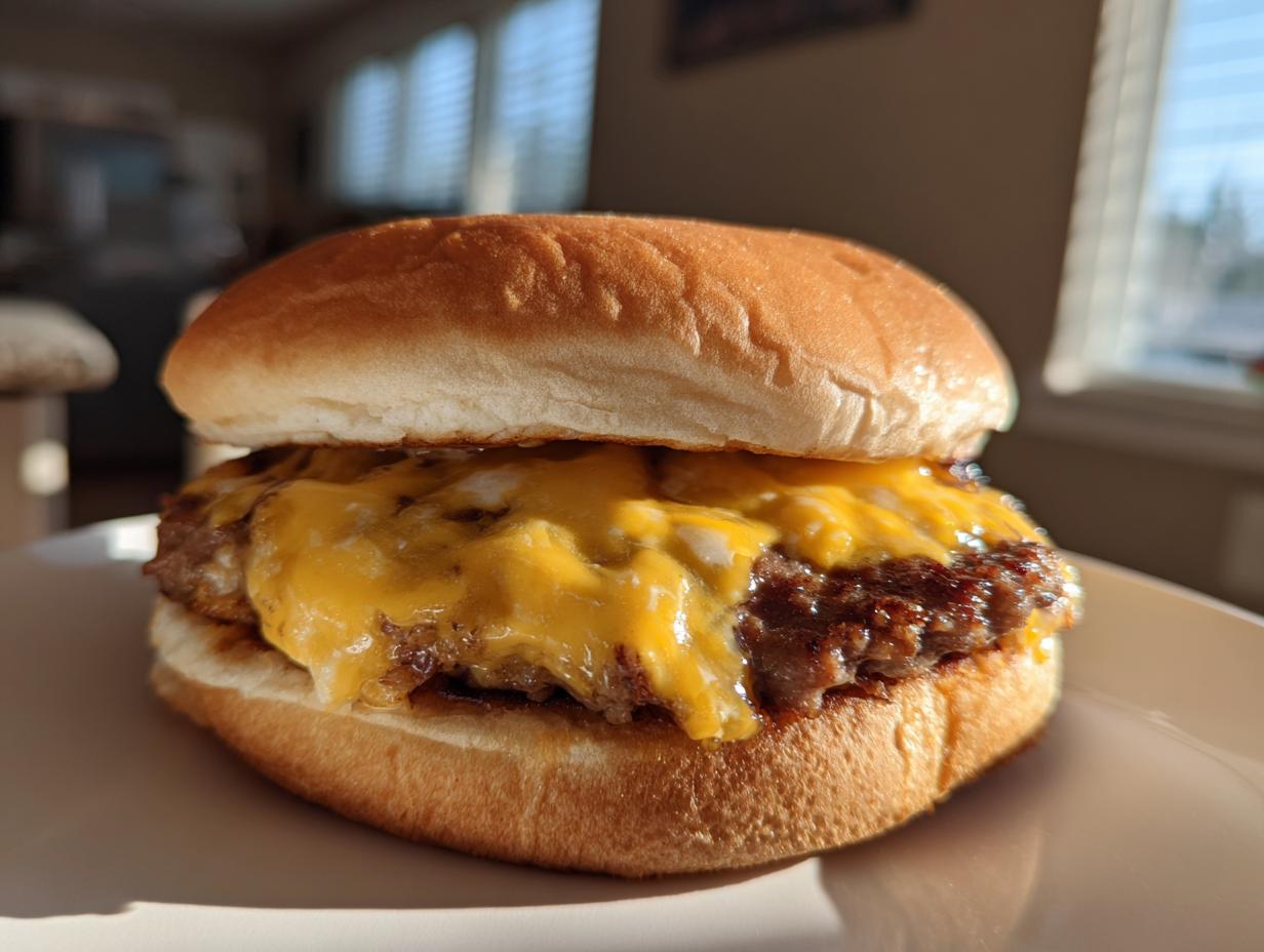 A close-up of a perfectly juicy cheeseburger with melted cheddar cheese on a toasted bun.