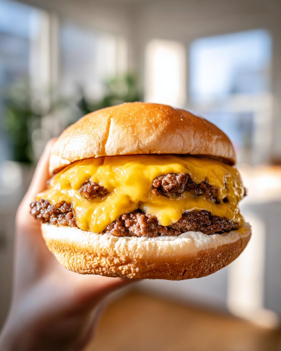 Close-up of a person holding a juicy double cheeseburger with two beef patties and melted yellow cheese.