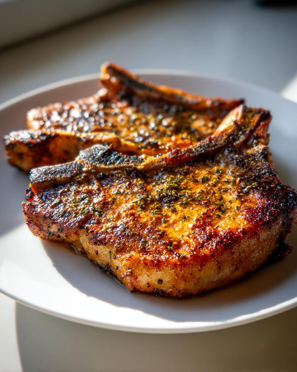 Close-up of two perfectly cooked, juicy pork chops seasoned with herbs on a white plate.