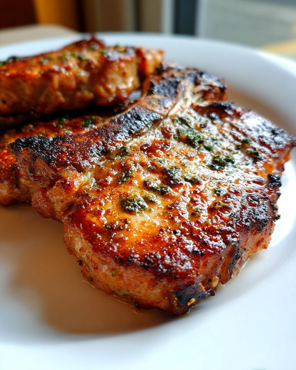 Close-up of perfectly cooked, juicy pork chops seasoned with herbs and spices.