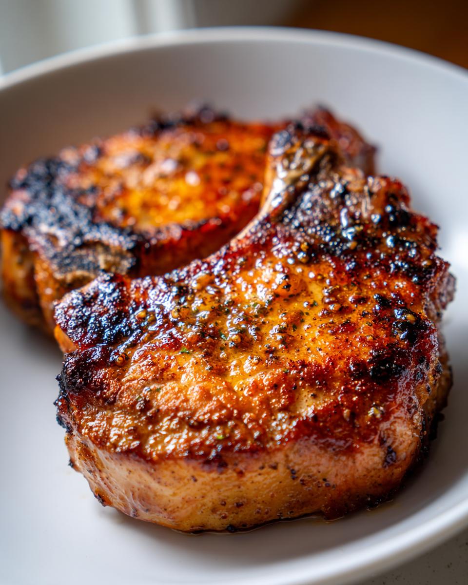 Close-up of two perfectly seared and seasoned pork chops in a white bowl. The pork chops are golden brown with visible seasoning.