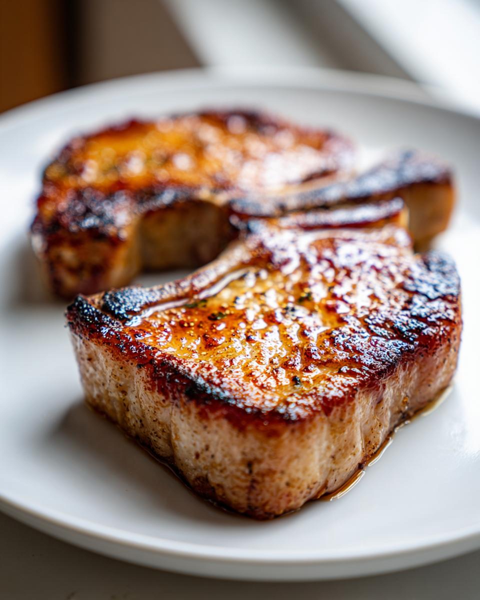 Close-up of two perfectly seared pork chops on a white plate, showcasing a golden-brown crust and tender meat.
