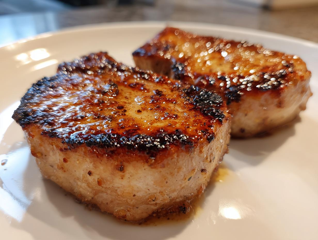 Close-up of two perfectly cooked, juicy pork chops with a golden-brown sear on a white plate.