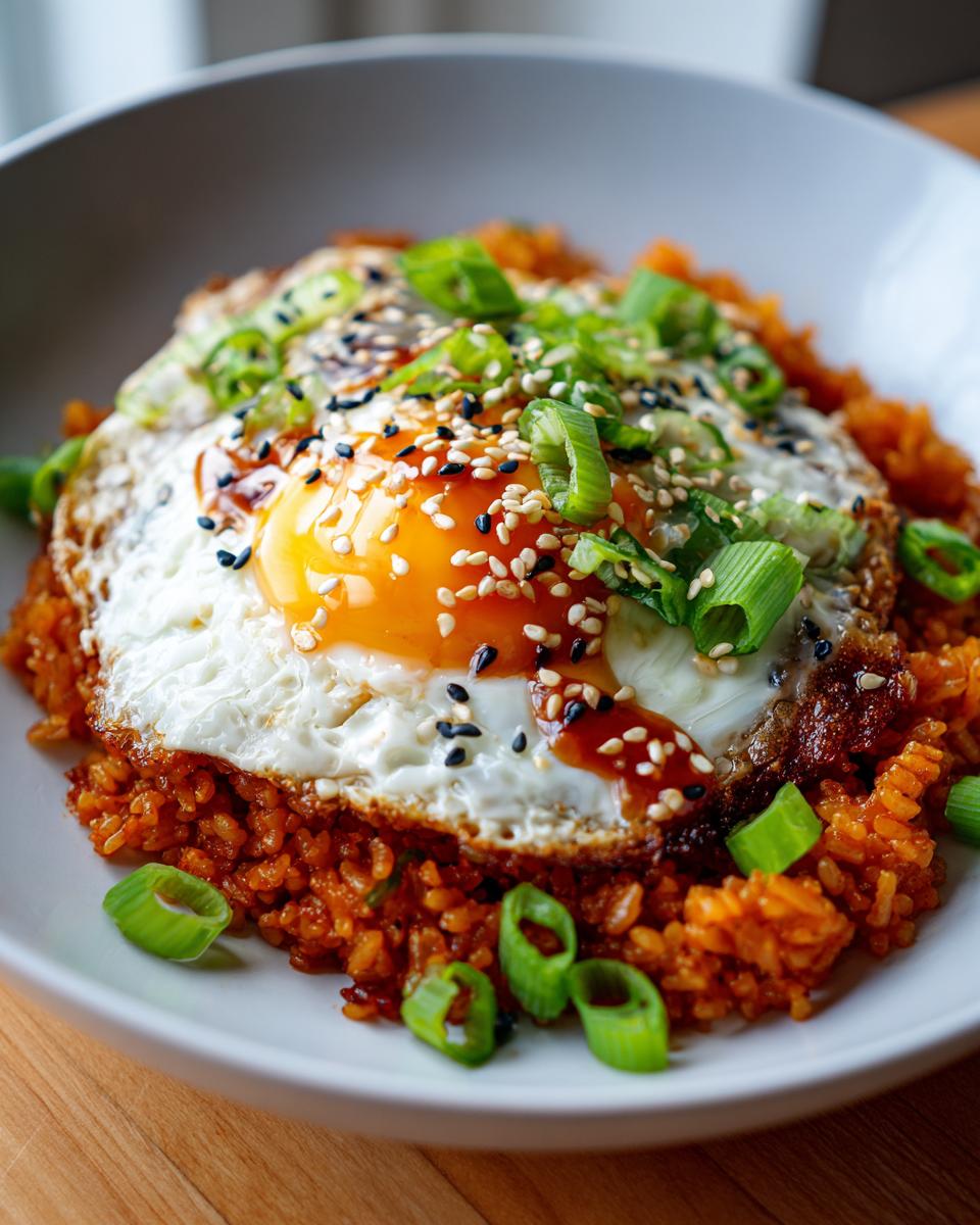 A close-up of spicy kimchi fried rice topped with a perfectly fried egg, green onions, and sesame seeds.