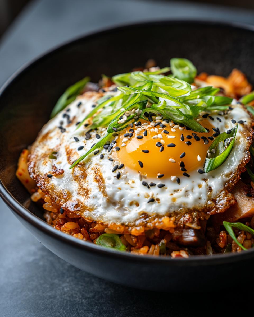 A close-up of a bowl of spicy Kimchi fried rice topped with a perfectly fried egg, green onions, and sesame seeds.
