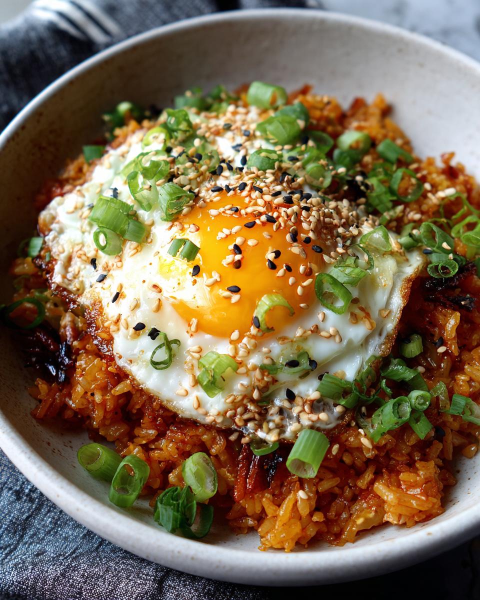 Close-up of a bowl of spicy Kimchi Fried Rice topped with a perfectly fried egg, green onions, and sesame seeds.