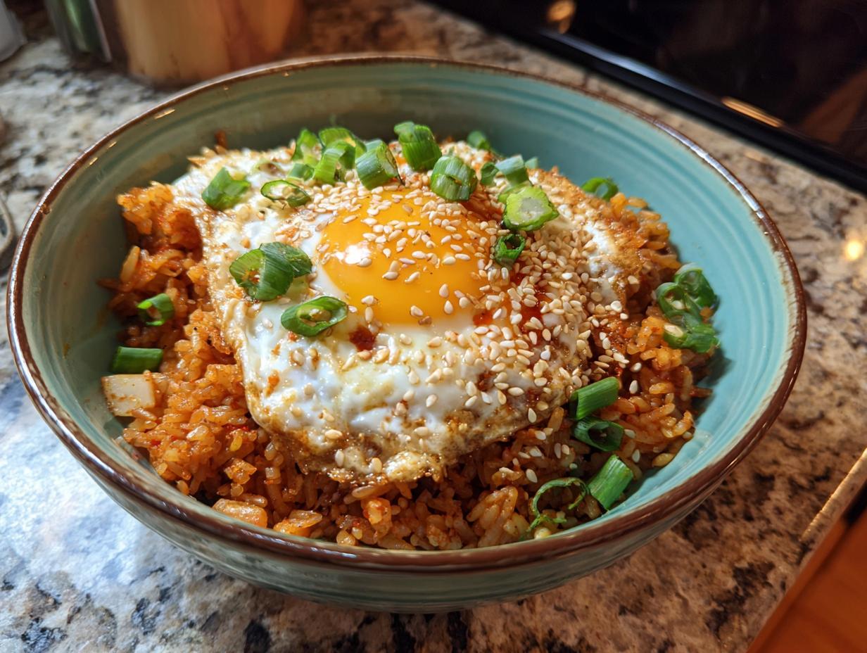 A bowl of spicy kimchi fried rice topped with a fried egg, sesame seeds, and chopped green onions.