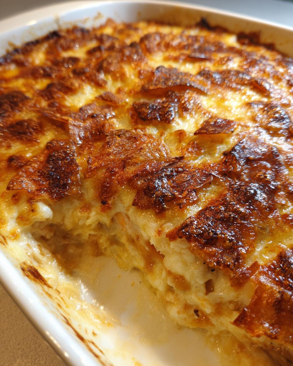 Close-up of a freshly baked King Ranch chicken casserole with a golden-brown, bubbly cheese topping.