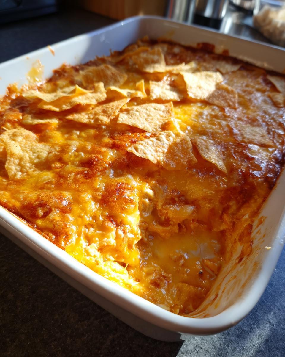 A freshly baked King Ranch chicken casserole with melted cheese and tortilla chips.