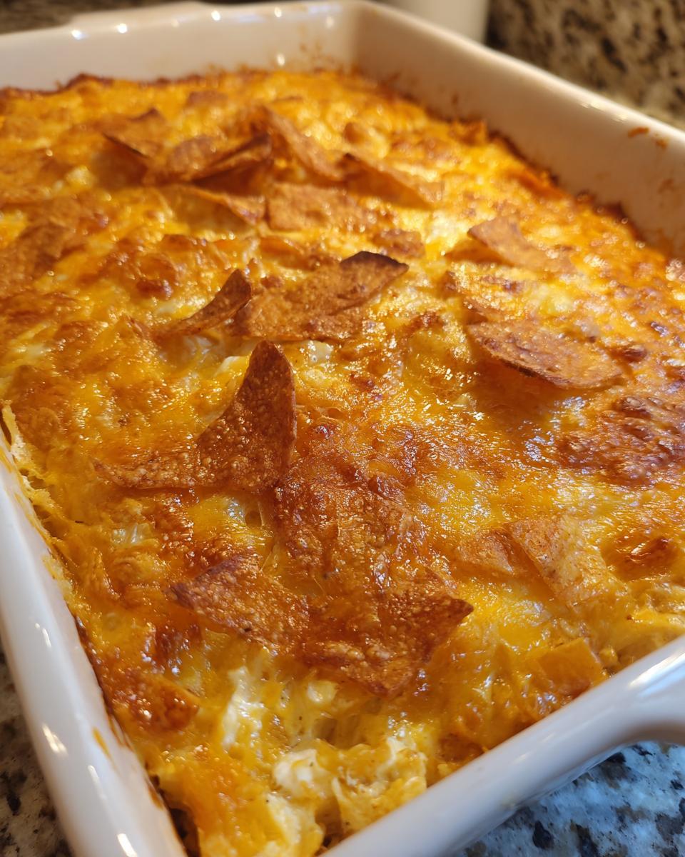 Close-up of a freshly baked King Ranch chicken casserole in a white baking dish, topped with melted cheese and tortilla chips.
