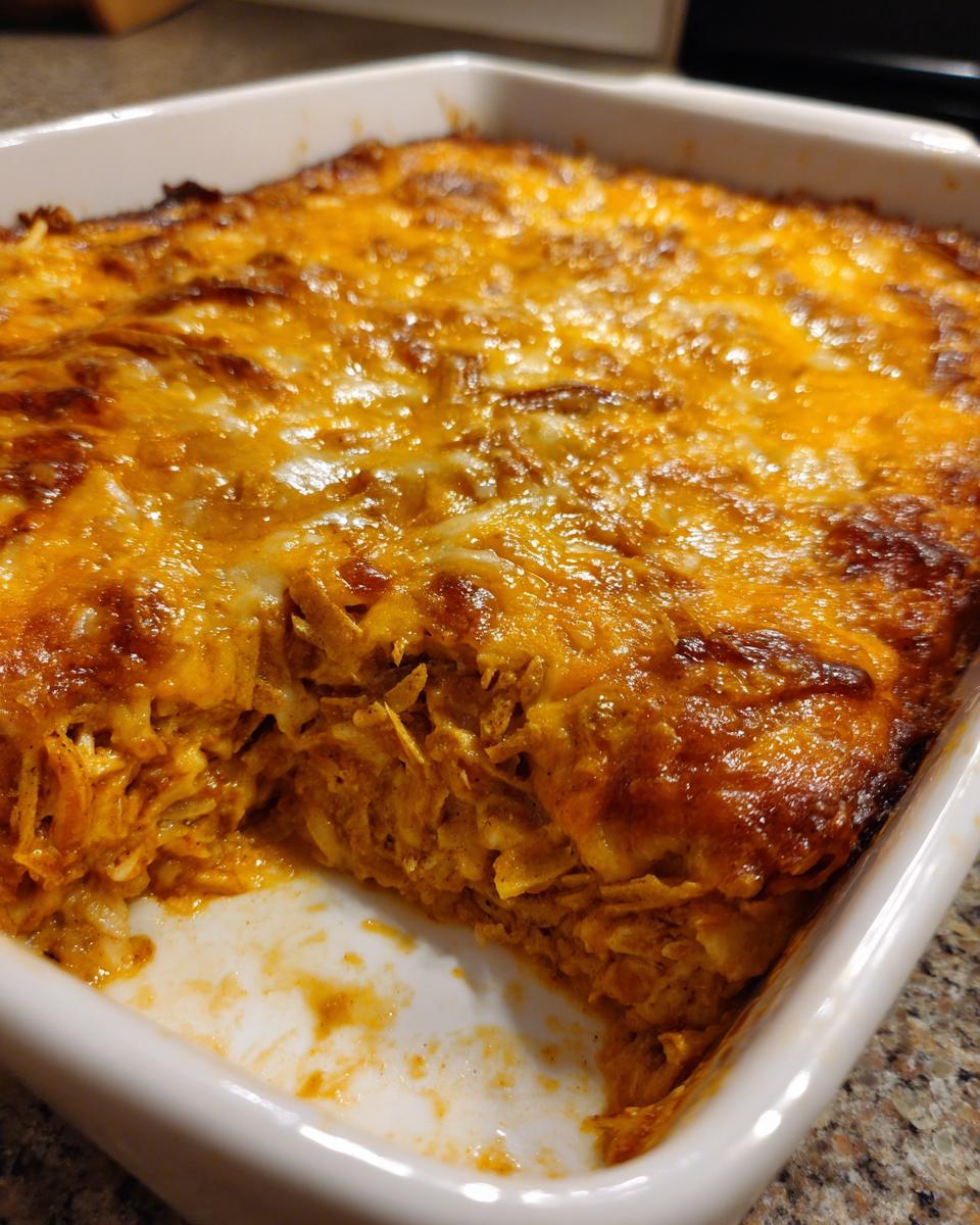 A close-up of a freshly baked King Ranch chicken casserole in a white baking dish, with melted golden cheese on top.