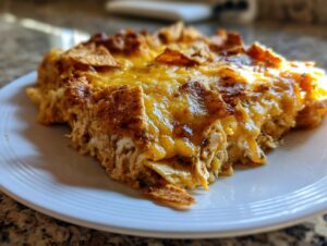 A close-up of a hearty slice of King Ranch Chicken Casserole, featuring shredded chicken, melted cheese, and tortilla chips.