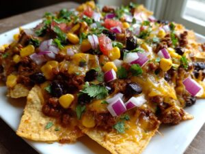 A close-up view of delicious loaded nachos topped with ground beef, black beans, corn, red onion, tomatoes, and cilantro.