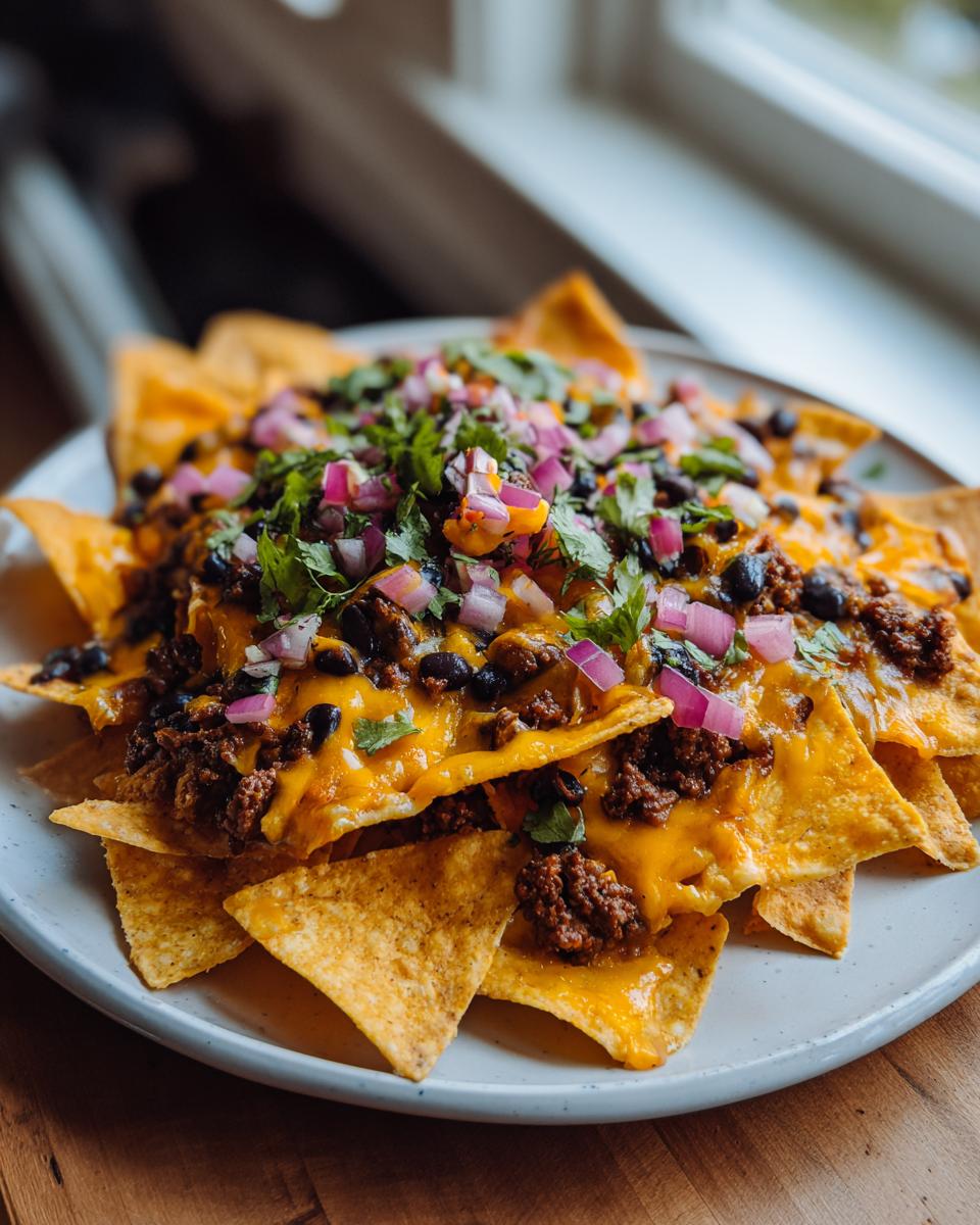 A generous plate of loaded nachos topped with melted cheese, seasoned ground beef, black beans, red onion, and cilantro.
